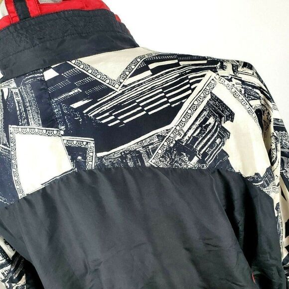 Vintage 80s 90s Black Red Studio Art Print Silk Track Jacket Windbreaker Sz S - Picture 6 of 9